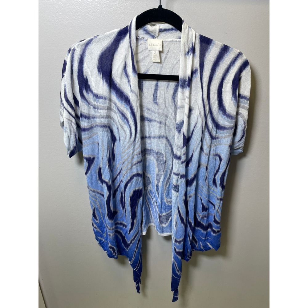 Chicos Blue Marble Swirl Open Front Cardigan Metallic Short Sleeve Sweater Sz 2